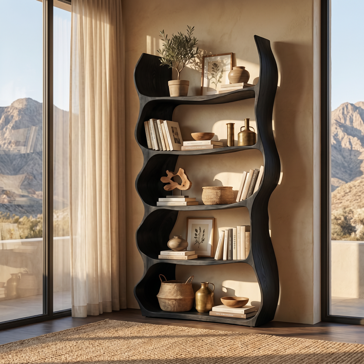 Organic Wavy Bookshelf Handmade Sculptural Wooden Display Shelf Modern Storage Unit