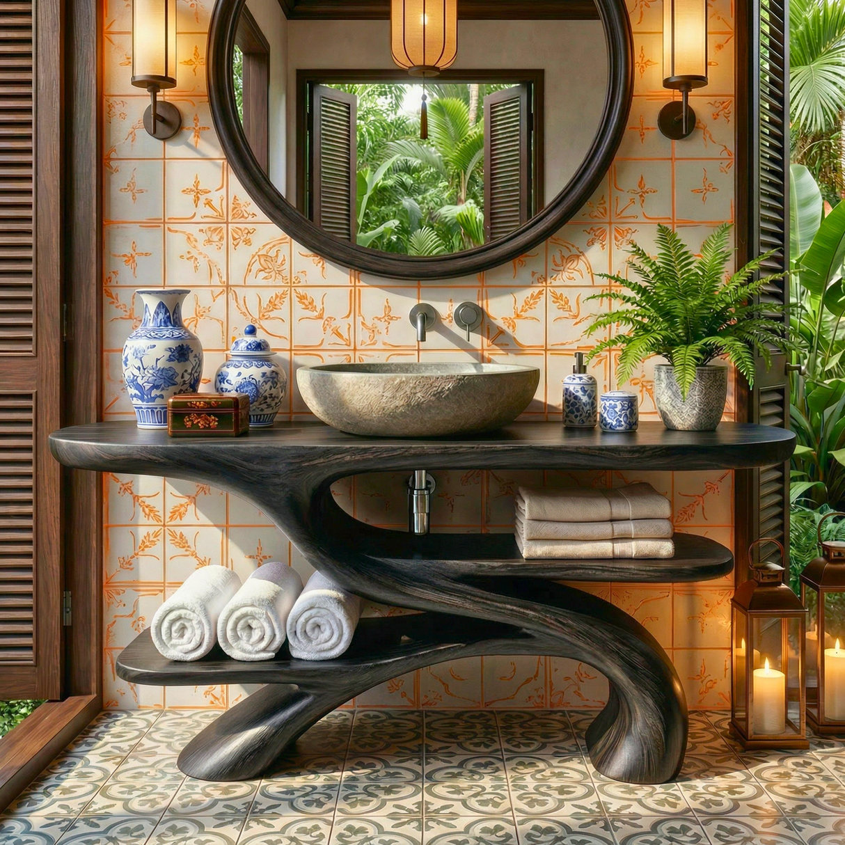 Handcrafted Solid Wood Bathroom Vanity with Sculptural Open Shelf