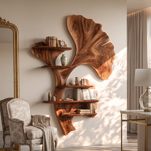 Ginkgo Leaf Solid Wood Wall Shelf with Sculptural Botanical Design