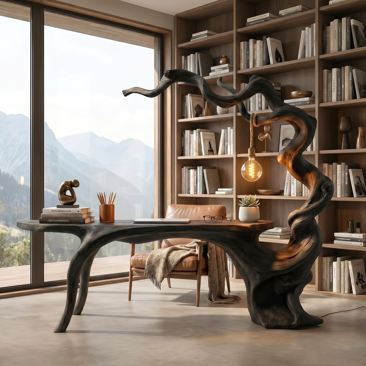Twisted Branch Solid Wood Desk With Hanging Lamp Organic Modern Sculptural Workspace