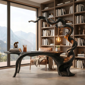 Twisted Branch Solid Wood Desk With Hanging Lamp Organic Modern Sculptural Workspace