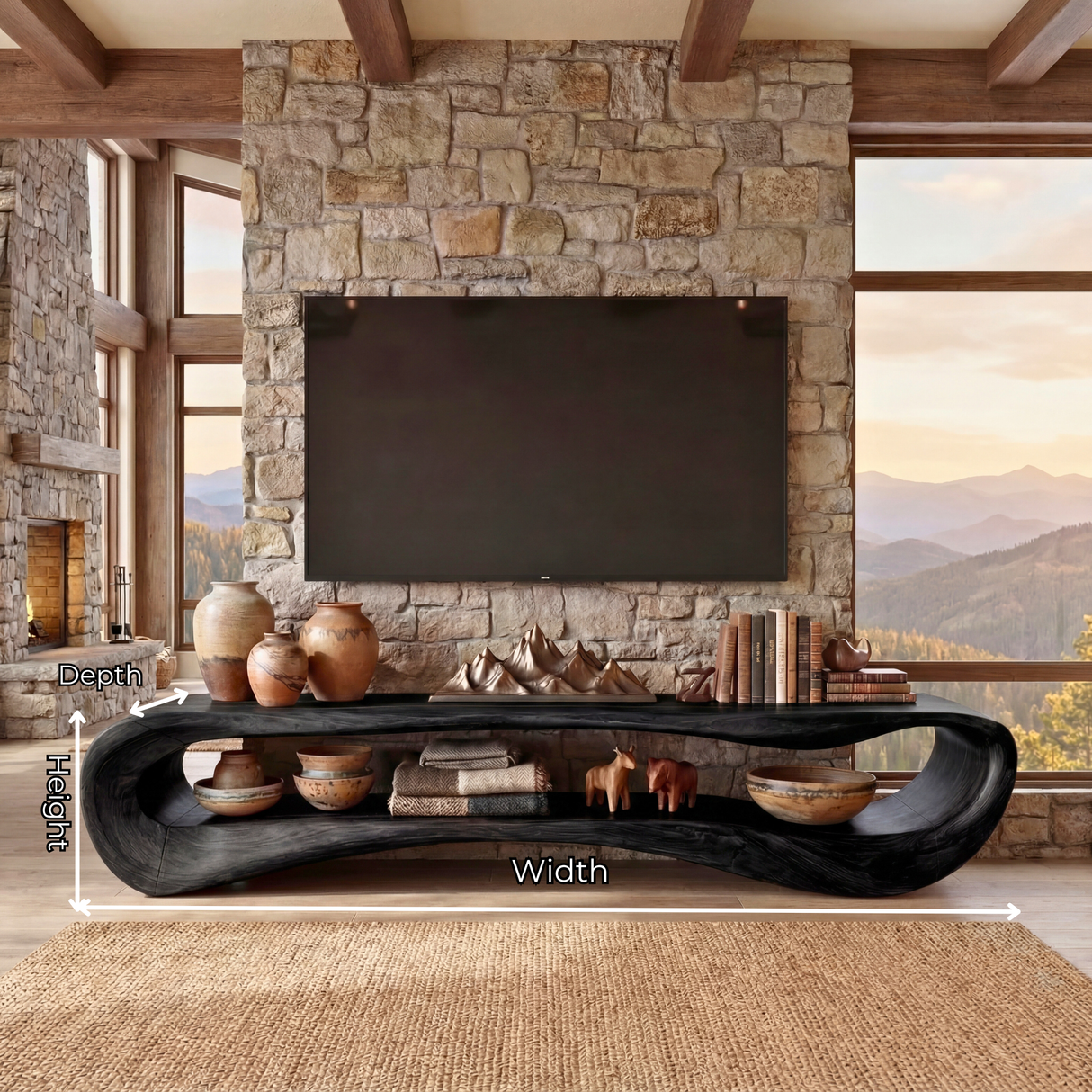 Sculptural Solid Wood TV Cabinet, Organic Modern Media Console for Living Room