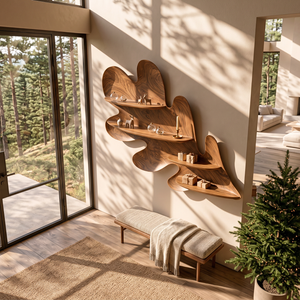 Organic Solid Wood Wall Shelf with Flowing Sculptural Leaf Design