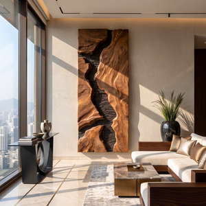 Natural Solid Wood Wall Art with Sculpted Gorge Forms and Black Stone Texture