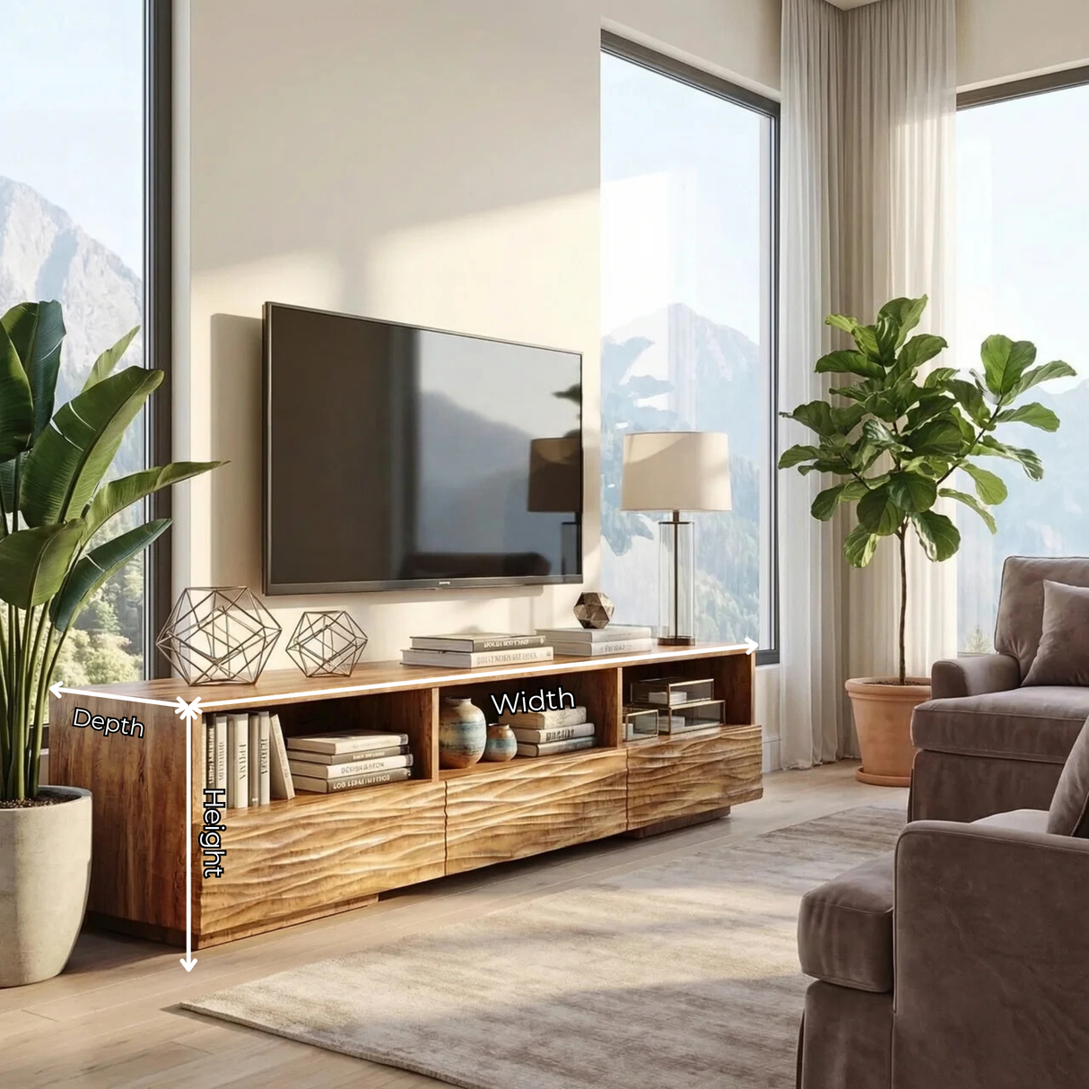 Sculptural Wood TV Cabinet with Carved Wave Front for Coastal Modern Interiors