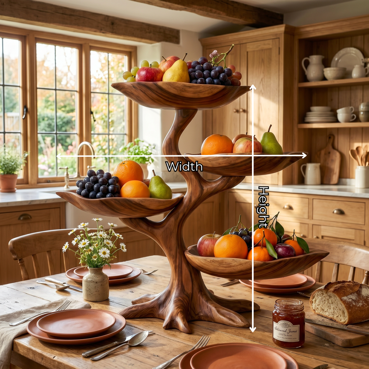Solid Wood Four-Tier Fruit Display Stand with Sculptural Branch Base and Curved Bowl Trays