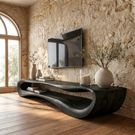 Organic Solid Wood TV Stand with Curved Open Shelf