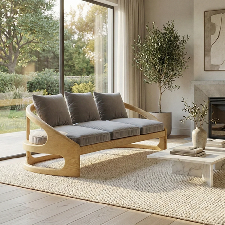 Sculptural Solid Wood Frame Sofa Modern Curved Arm Living Room Couch