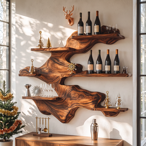 Sculptural Solid Wood Wall Mounted Wine Rack with Staggered Display Shelves