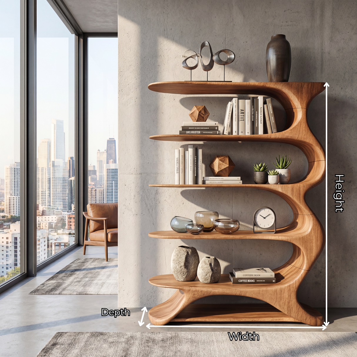 Wave Spine Wood Display Bookcase with Floating Open Shelves