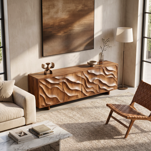 Sideboard Solid Wood with Sculptural Layered Wave Doors