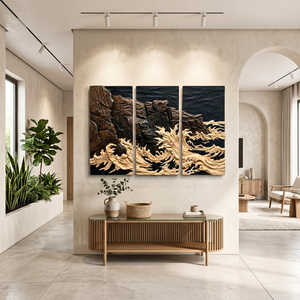 Hand-Carved Wood Triptych Wall Art with Ocean Wave Relief and Rocky Coast Design