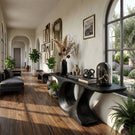 Organic Curve Solid Wood Console Table with Sculpted Pedestal Base