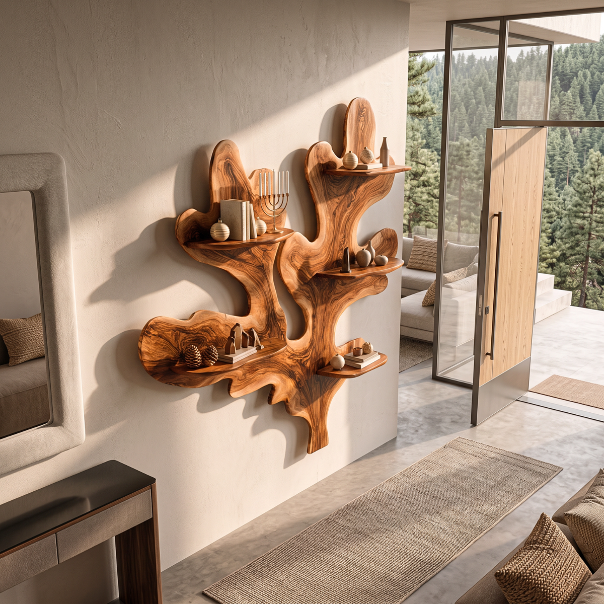 Sculptural Solid Wood Wall Shelf with Organic Branch and Leaf Design