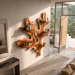 Sculptural Solid Wood Wall Shelf with Organic Branch and Leaf Design