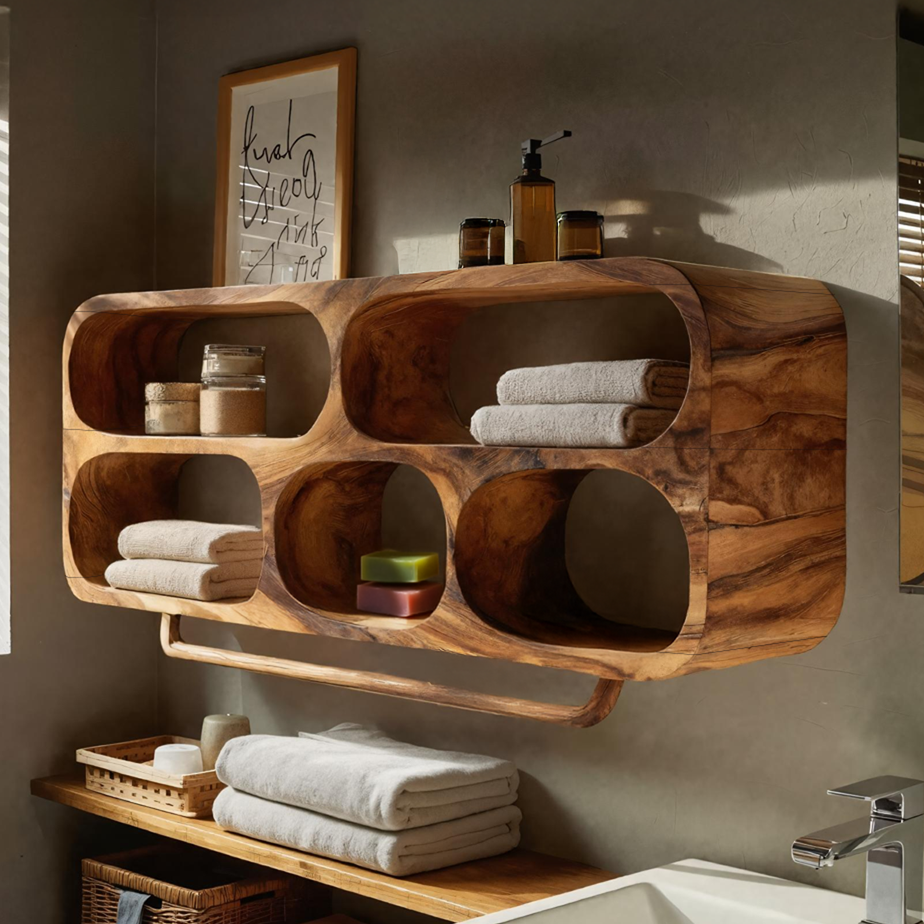 Luxury Sculptural Solid Wood Bathroom Wall Shelf