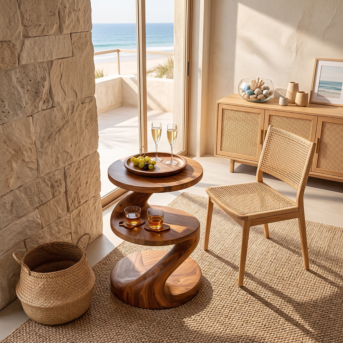 Handcrafted Solid Wood Side Table with Sculptural S Curve Design