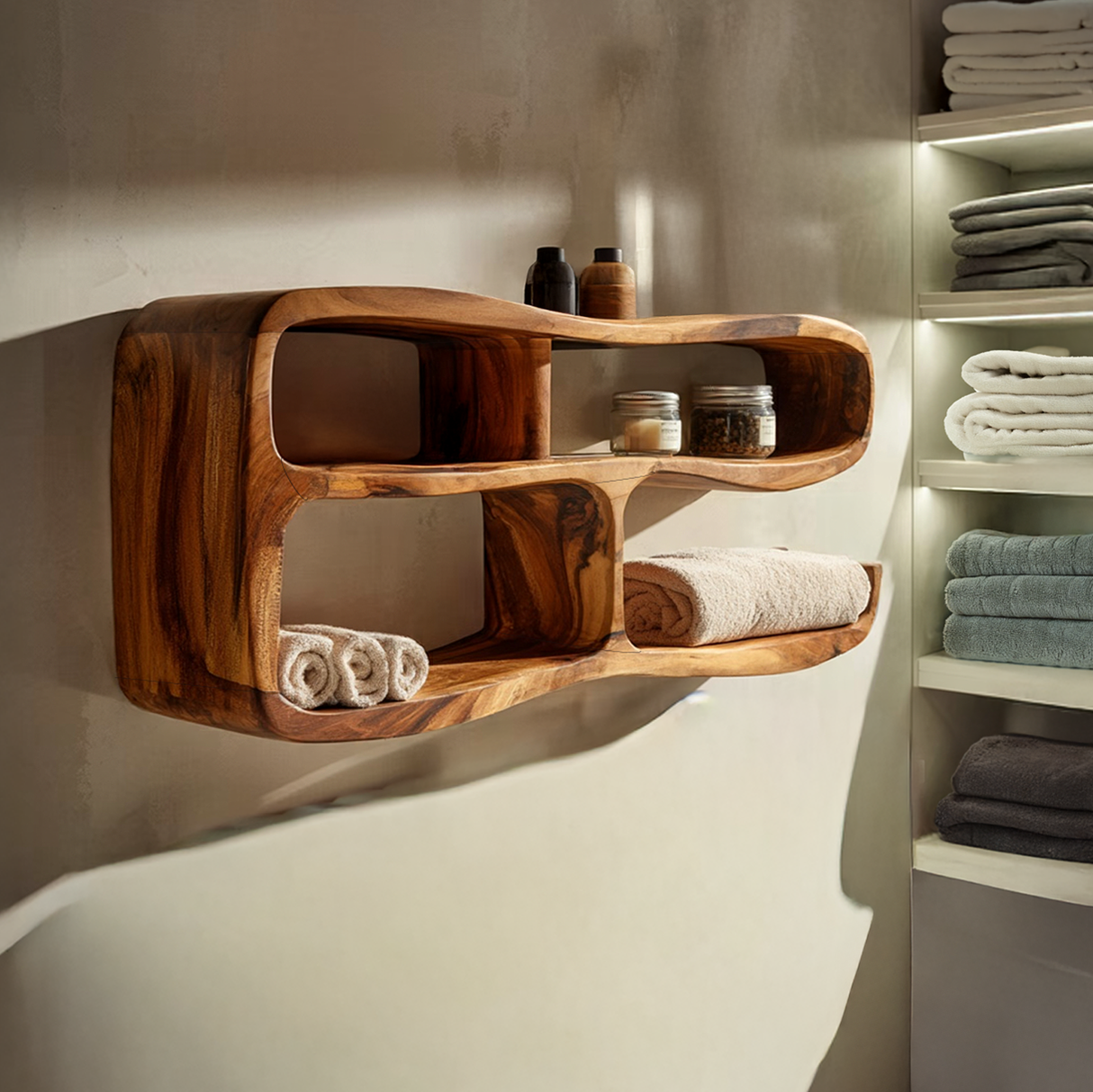 Sculptural Solid Wood Bathroom Wall Shelf Organizer