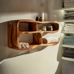 Sculptural Solid Wood Bathroom Wall Shelf Organizer