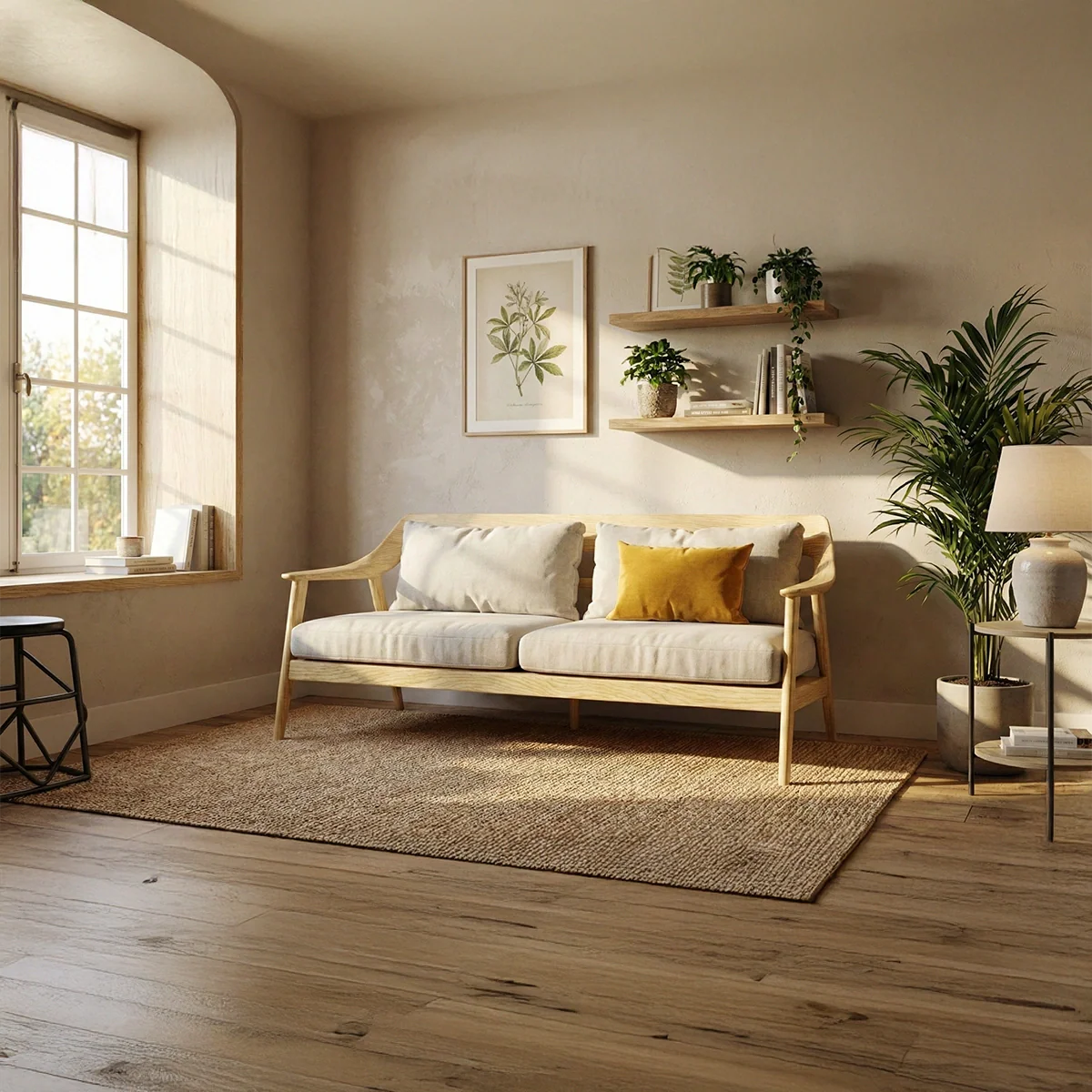 Modern Scandinavian Solid Wood Sofa Minimalist Upholstered Living Room Couch with Black Frame