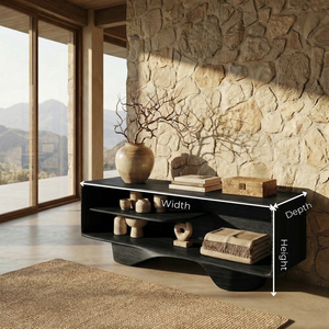 Gallery Style Solid Wood Media Console with Floating Wave Base, Minimalist TV Cabinet for Organic Modern Interiors