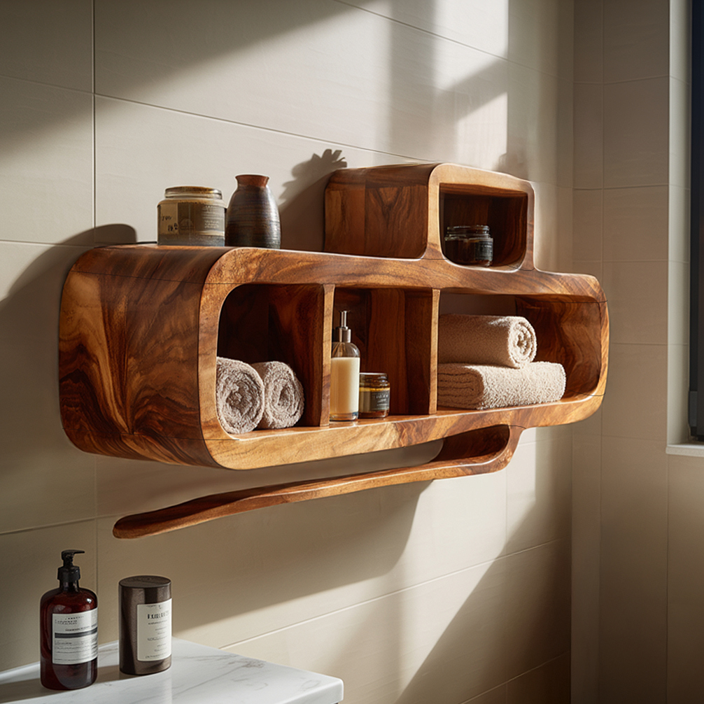 Organic Modern Solid Wood Bathroom Wall Shelf Unit