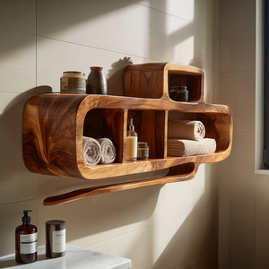 Organic Modern Solid Wood Bathroom Wall Shelf Unit