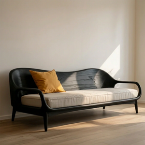 Mid-Century Modern Solid Wood Sofa Curved Scandinavian Wooden Frame Couch with Upholstered Cushion
