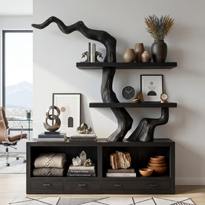 Solid Wood Bookshelf with Sculptural Tree Form and Storage Base