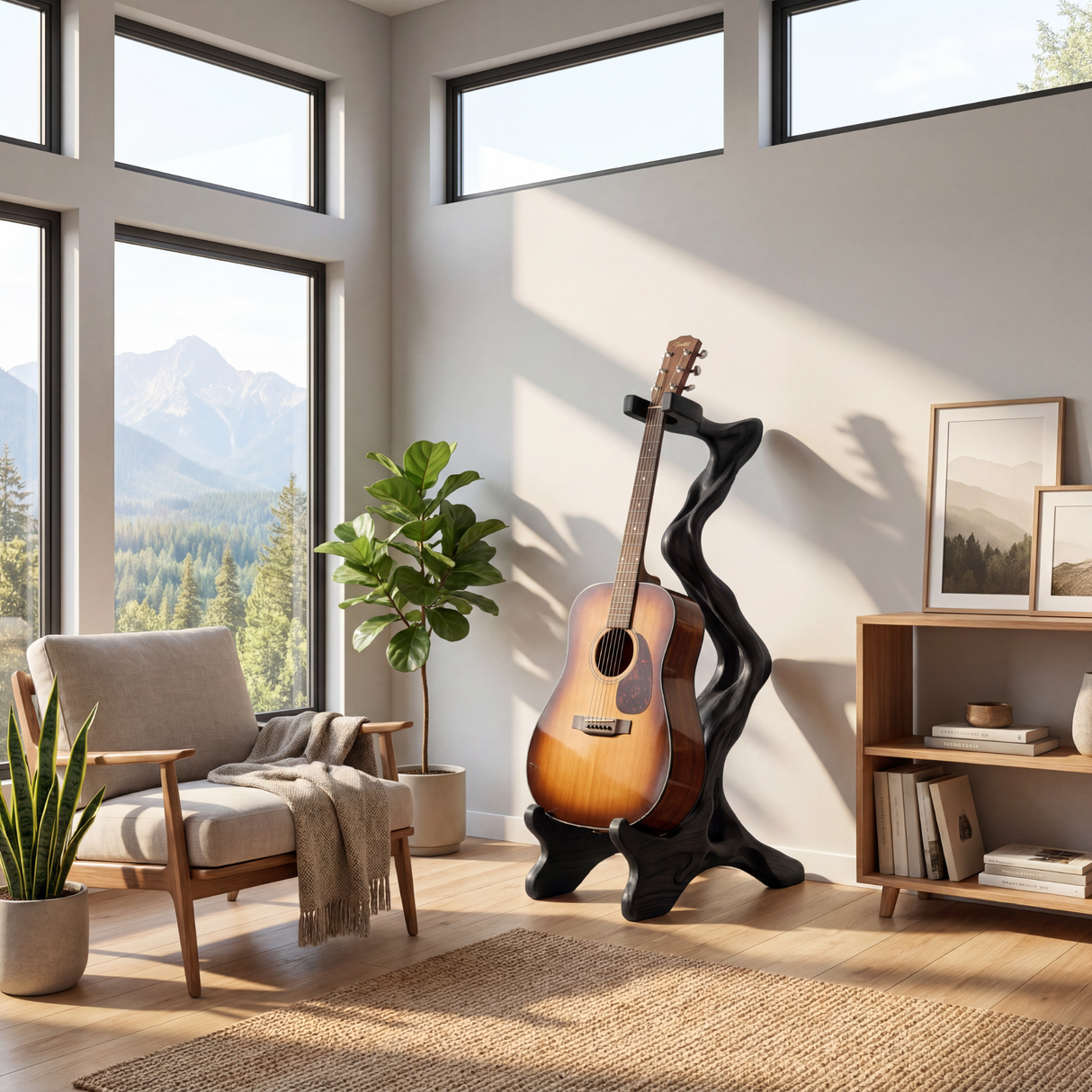 Organic Sculptural Guitar Stand Handcrafted Wooden Acoustic Holder