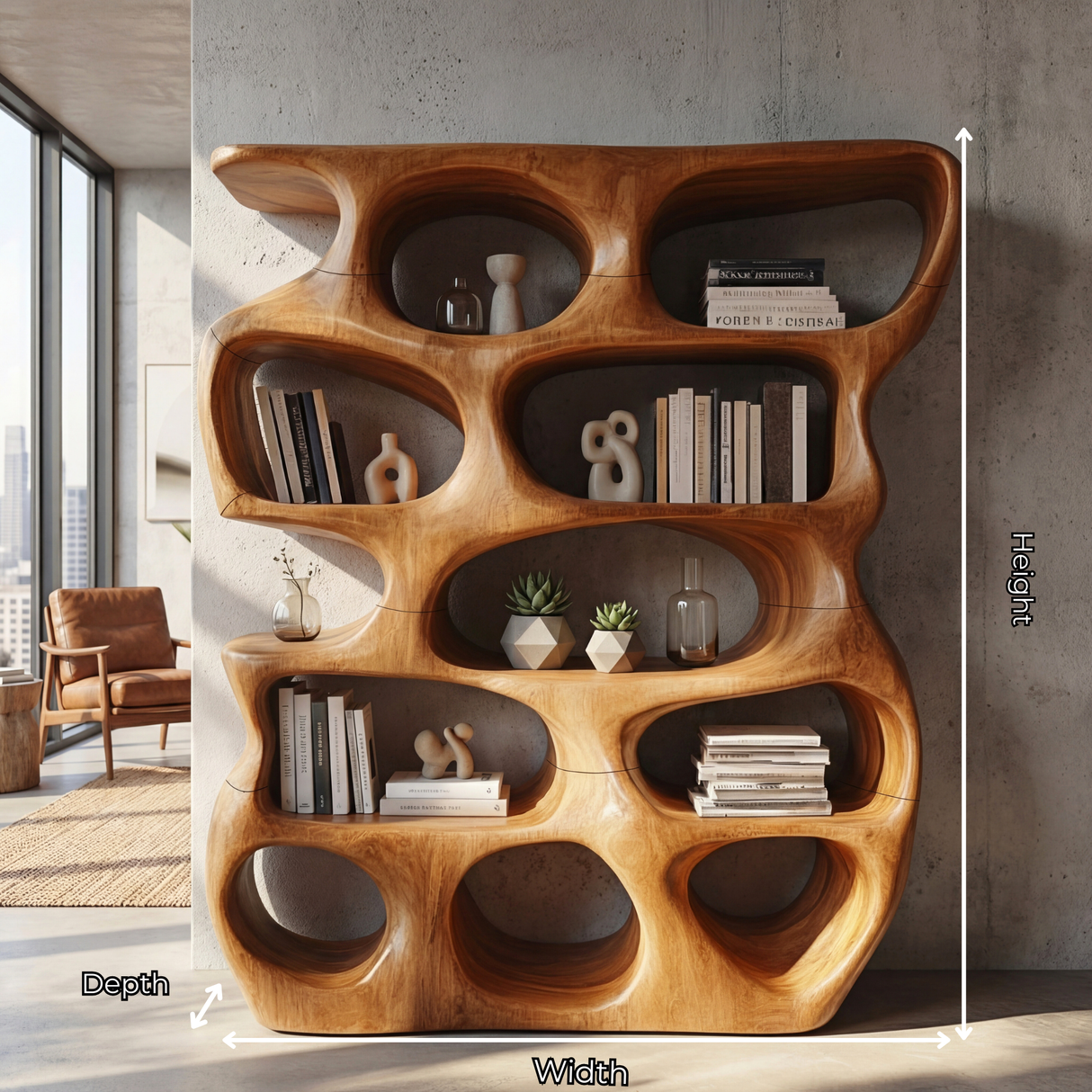 Abstract Organic Wood Display Shelf with Rounded Open Niches and Sculptural Form