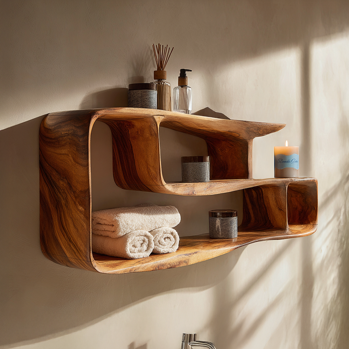 Organic Modern Solid Wood Wall Shelf with Rounded Frame