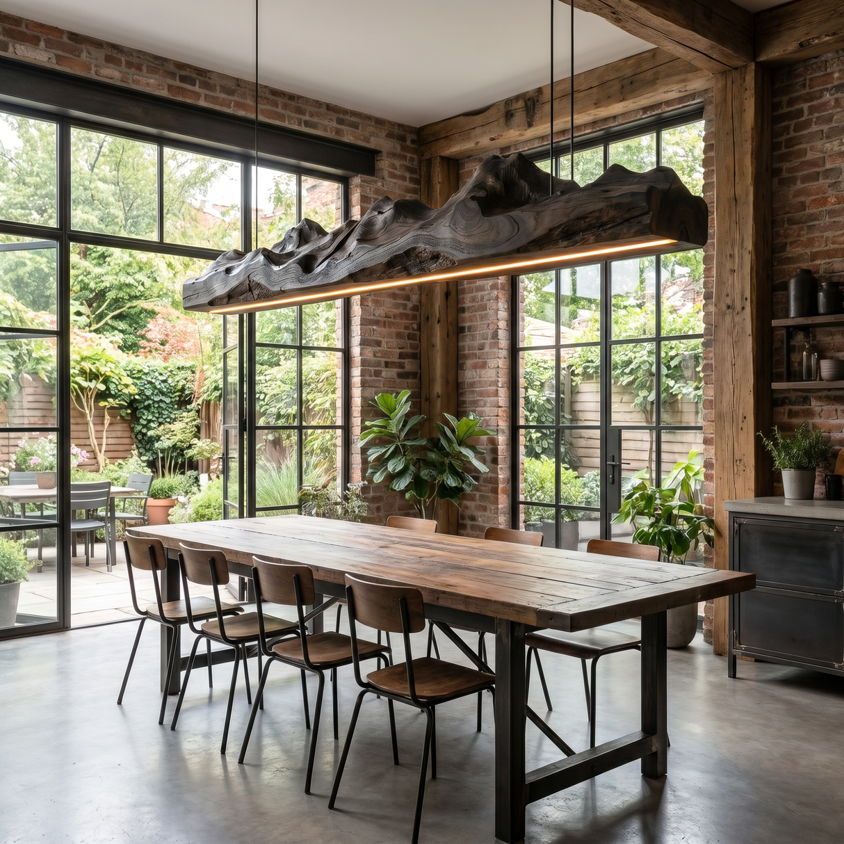 Organic Solid Wood Linear Pendant Light with Sculptural Live Edge Form