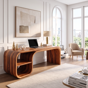 Sculptural Curved Solid Wood Desk With Open Shelf For Home Office
