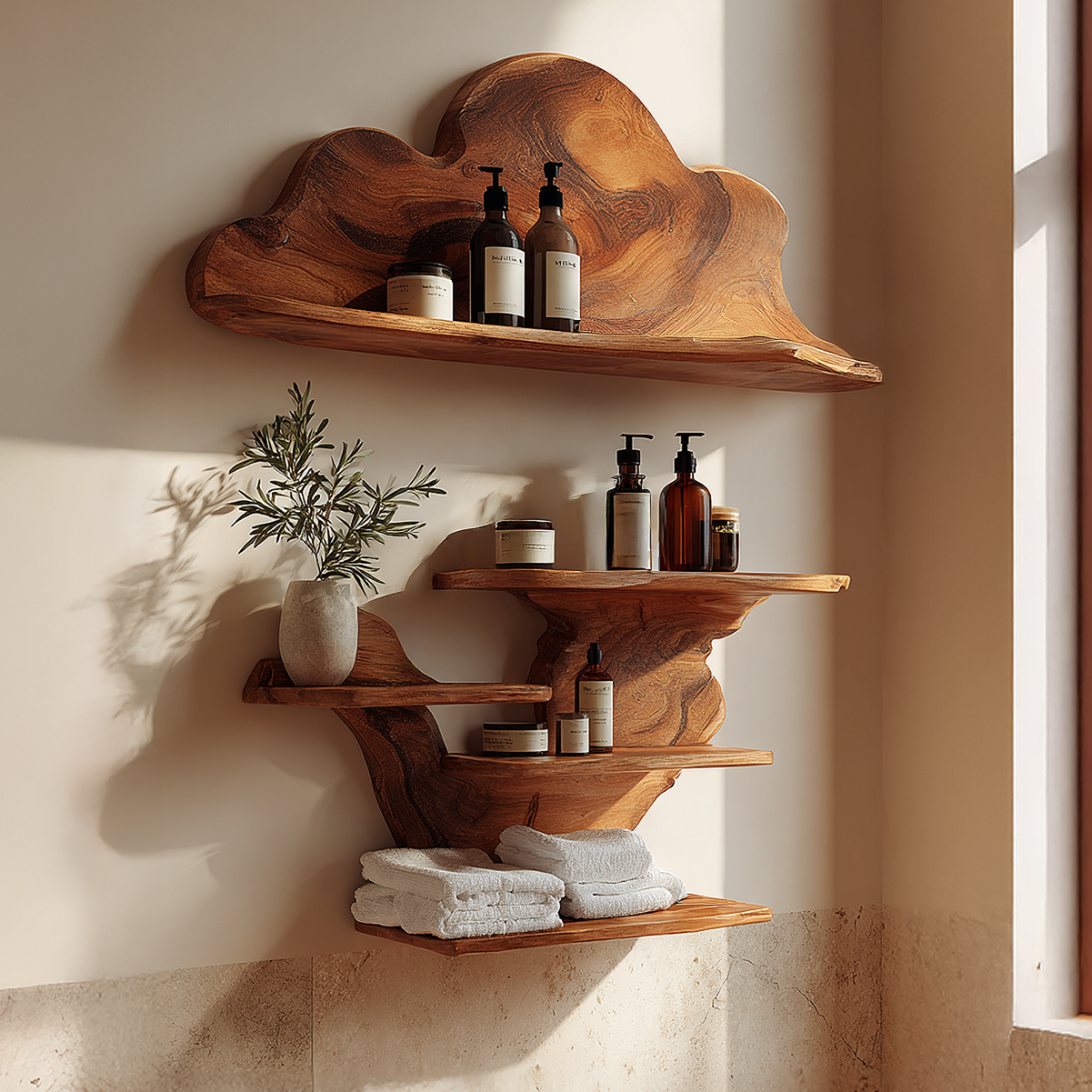 Artisan Solid Wood Wall Shelves with Sculpted Back Panel