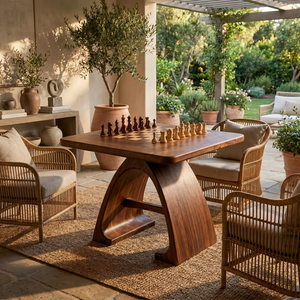 Handcrafted Solid Wood Chess Table with Arched Sculptural Pedestal Base