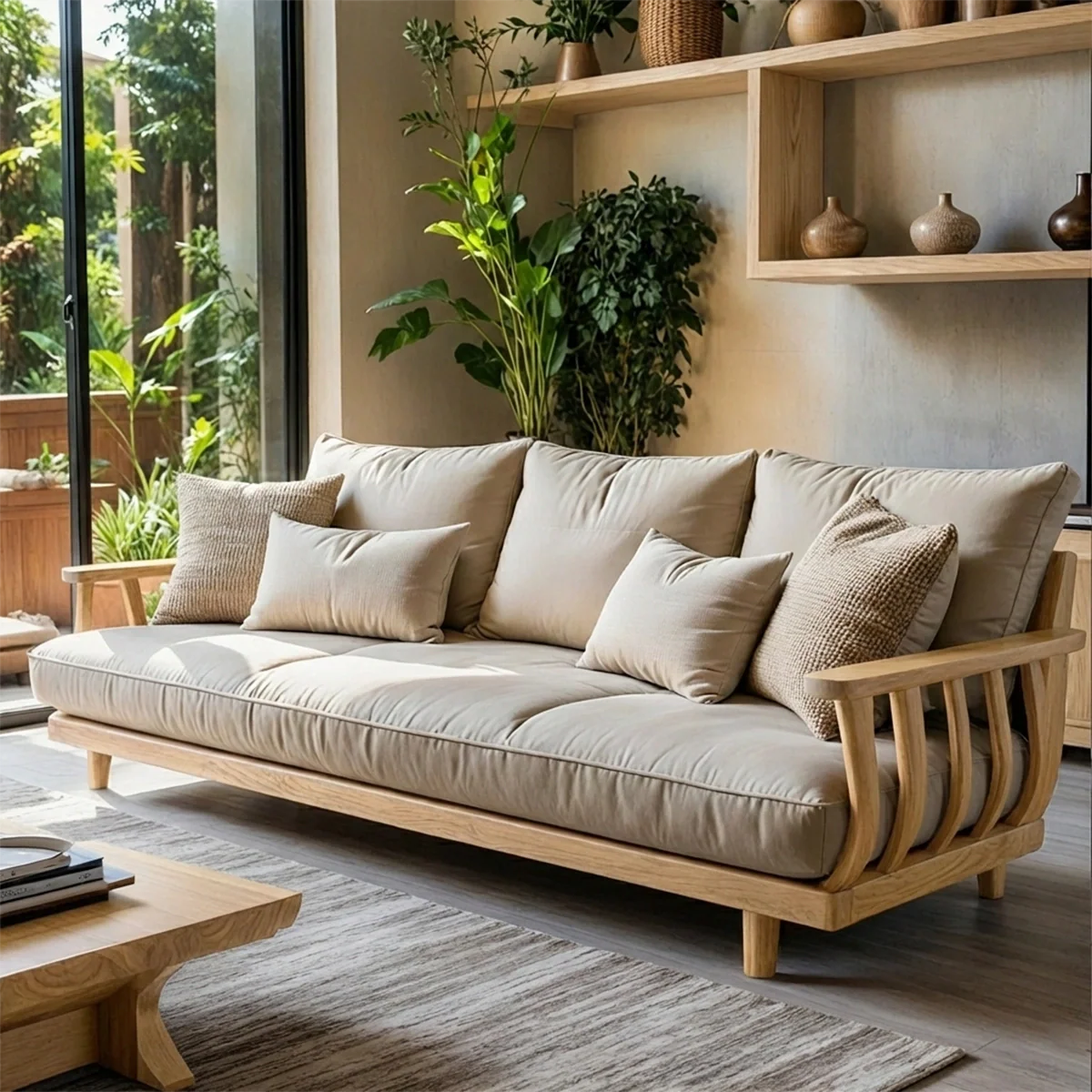 Solid Wood Frame Sofa with Linen Cushions for Organic Modern Living