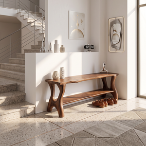Handcrafted Solid Wood Shoe Bench with Organic Legs and Open Storage Shelf