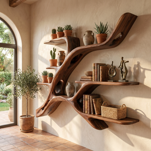 Organic Solid Wood Wall Shelf with Branch Inspired Display Design