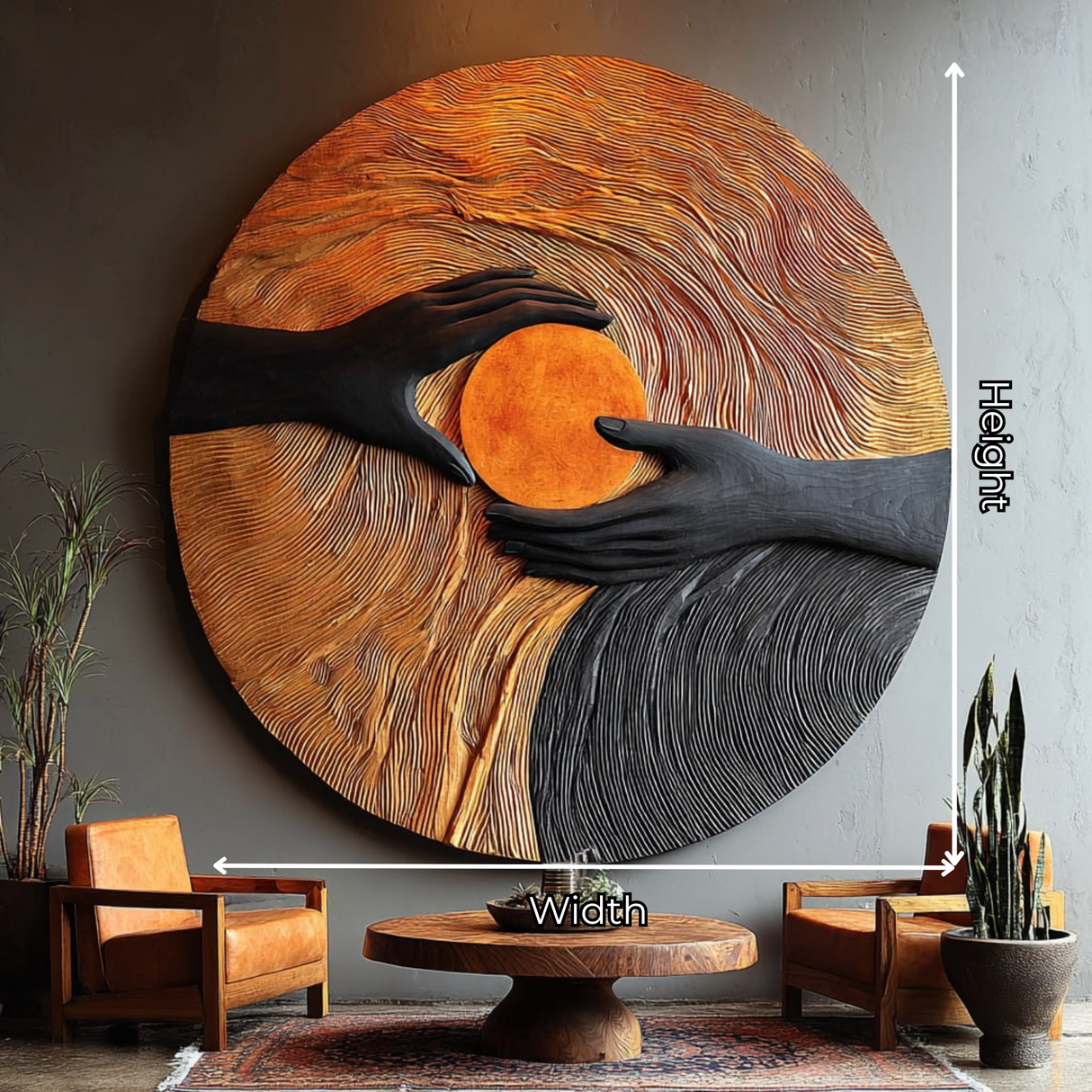 Solid Wood Wall Art with Hand Embrace Relief and Radiant Circle Center