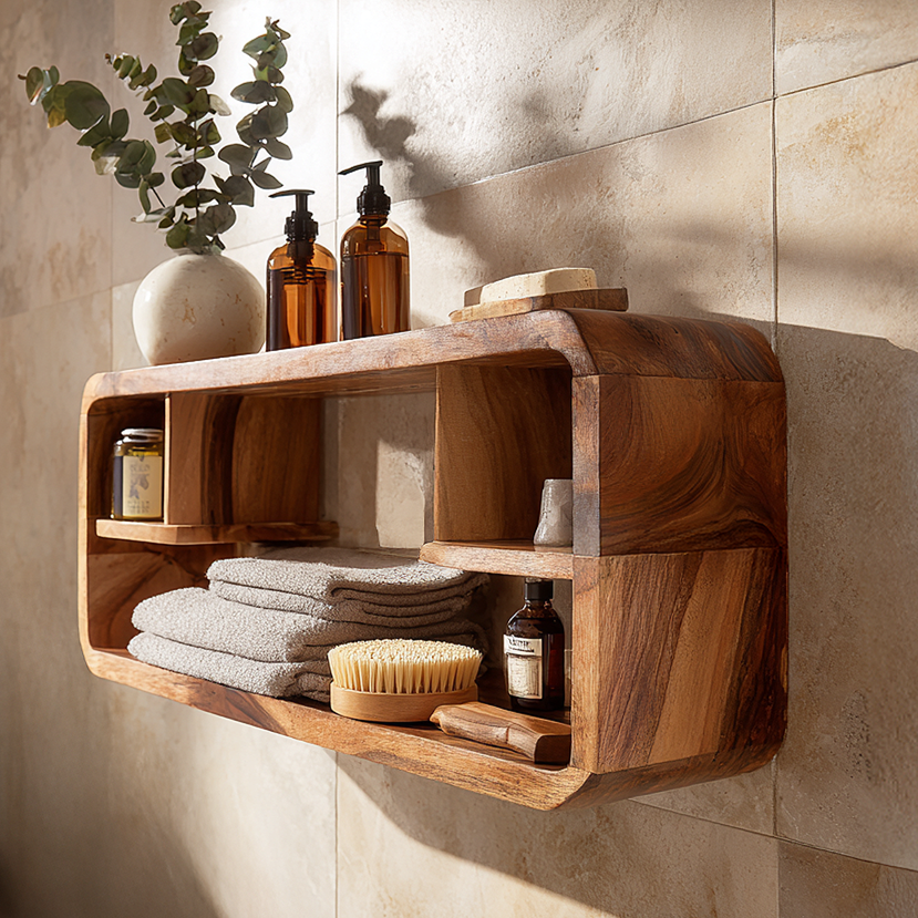 Curved Solid Wood Wall Cabinet Shelf for Modern Bath