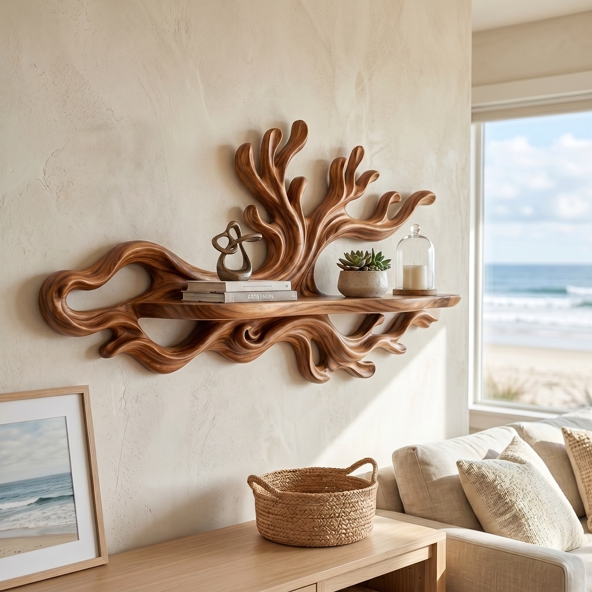 Organic Solid Wood Wave Crest Wall Shelf for Coastal Interiors