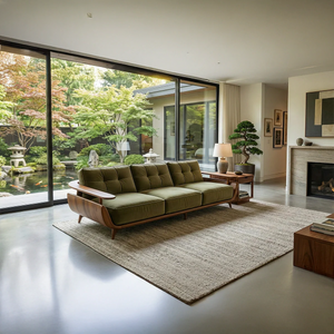 Walnut Frame Sofa with Green Cushions for Mid-Century Modern Living