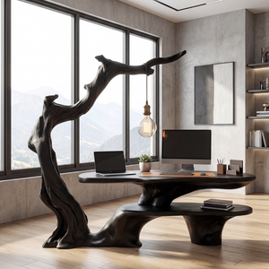 Sculptural Work Desk Tree Inspired Design with Hanging Lamp Organic Modern Workspace Table