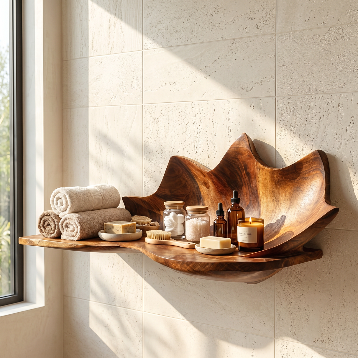 Handcrafted Solid Wood Sculpted Leaf Wall Shelf with Curved Display Tray
