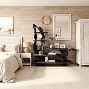 Artistic Solid Wood Console Table with Sculptural Base and Tiered Display Shelves Organic Freeform Console Table