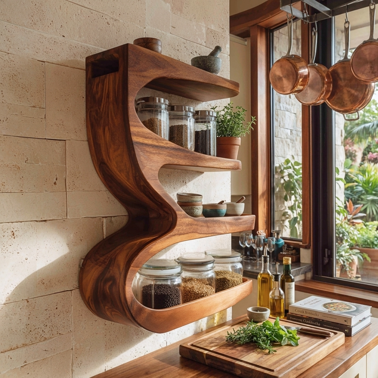 Solid Wood S Curve Wall Spice Rack with Three Open Kitchen Shelves