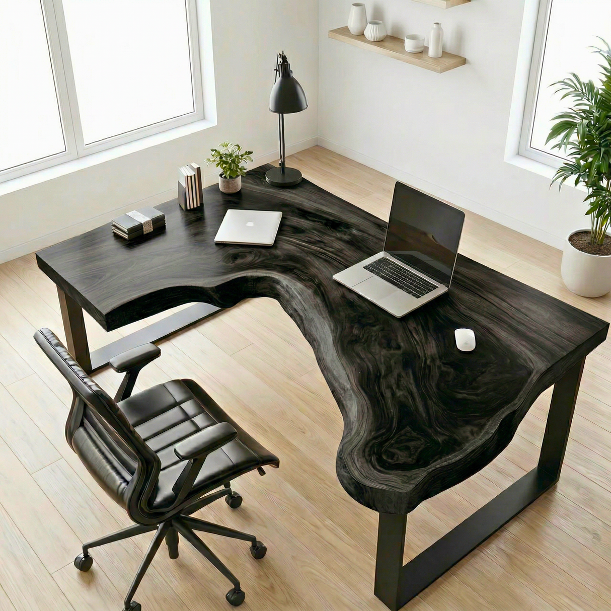 Live Edge L Shaped Solid Wood Desk with Metal Legs