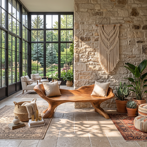 Curved Solid Wood Outdoor Bench with Sculptural Wing Backrest