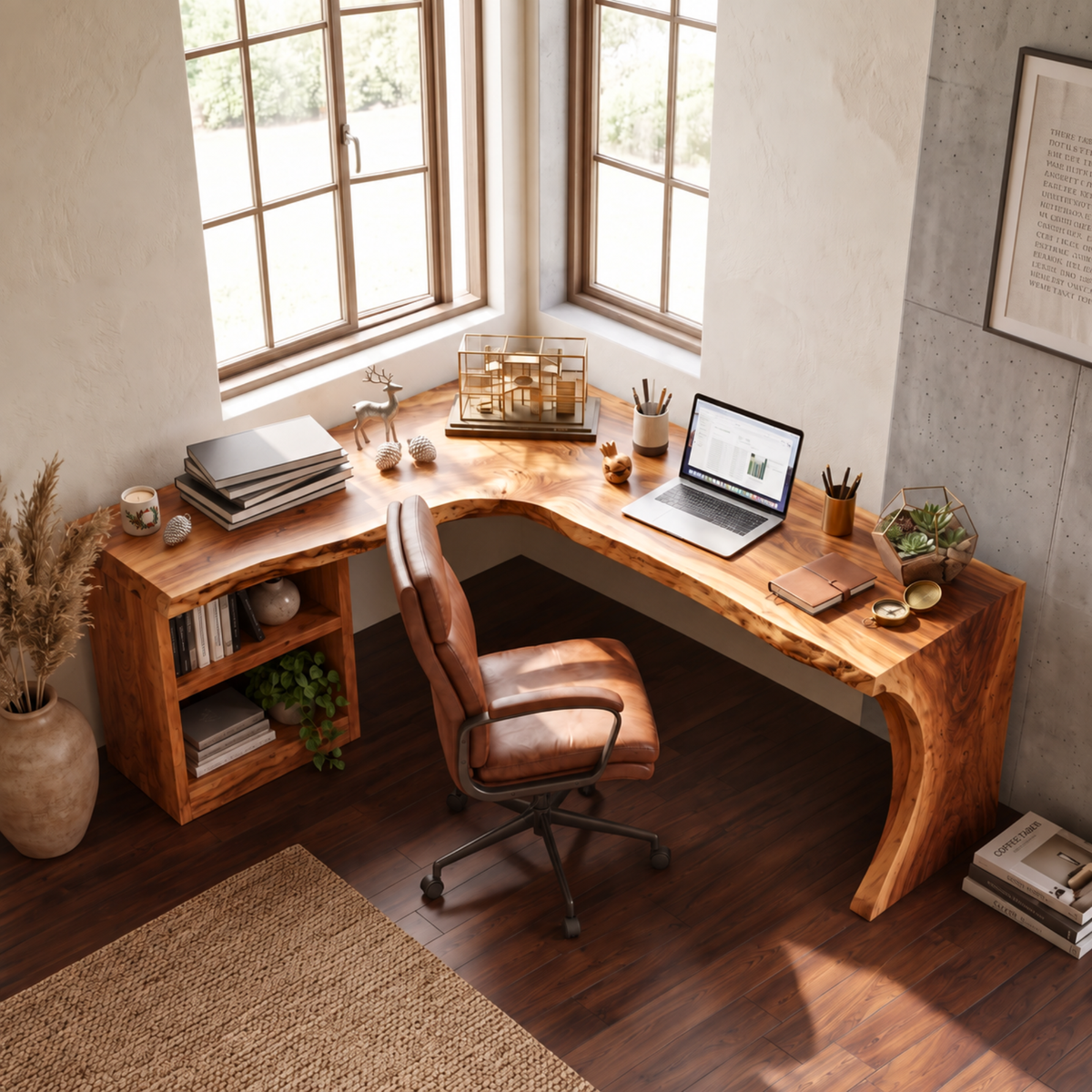Organic L-Shaped Solid Wood Desk With Open Shelf For Home Office